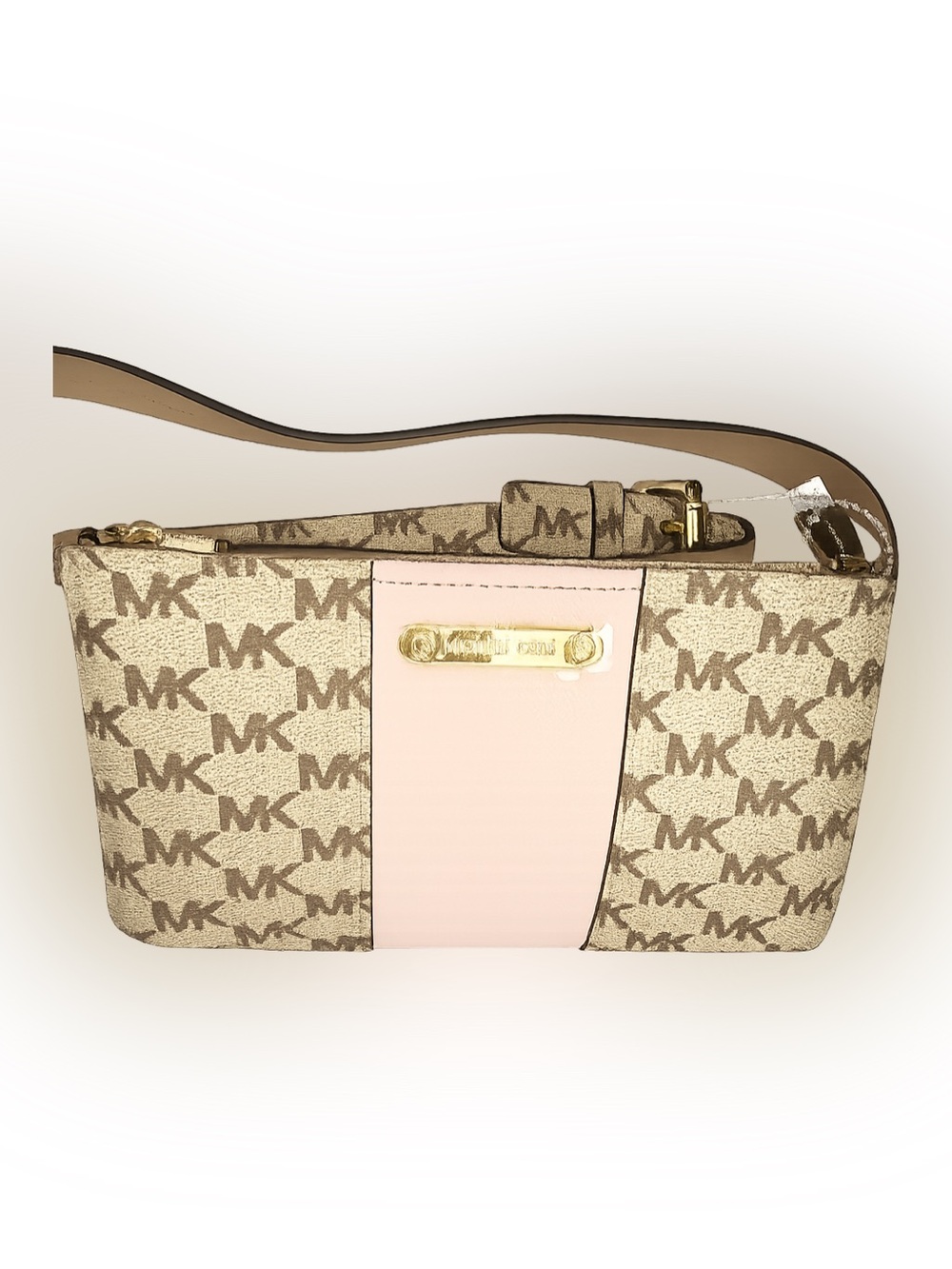 Michael Kors Beige Logo Canvas with Pale Pink Leather Center Crossbody